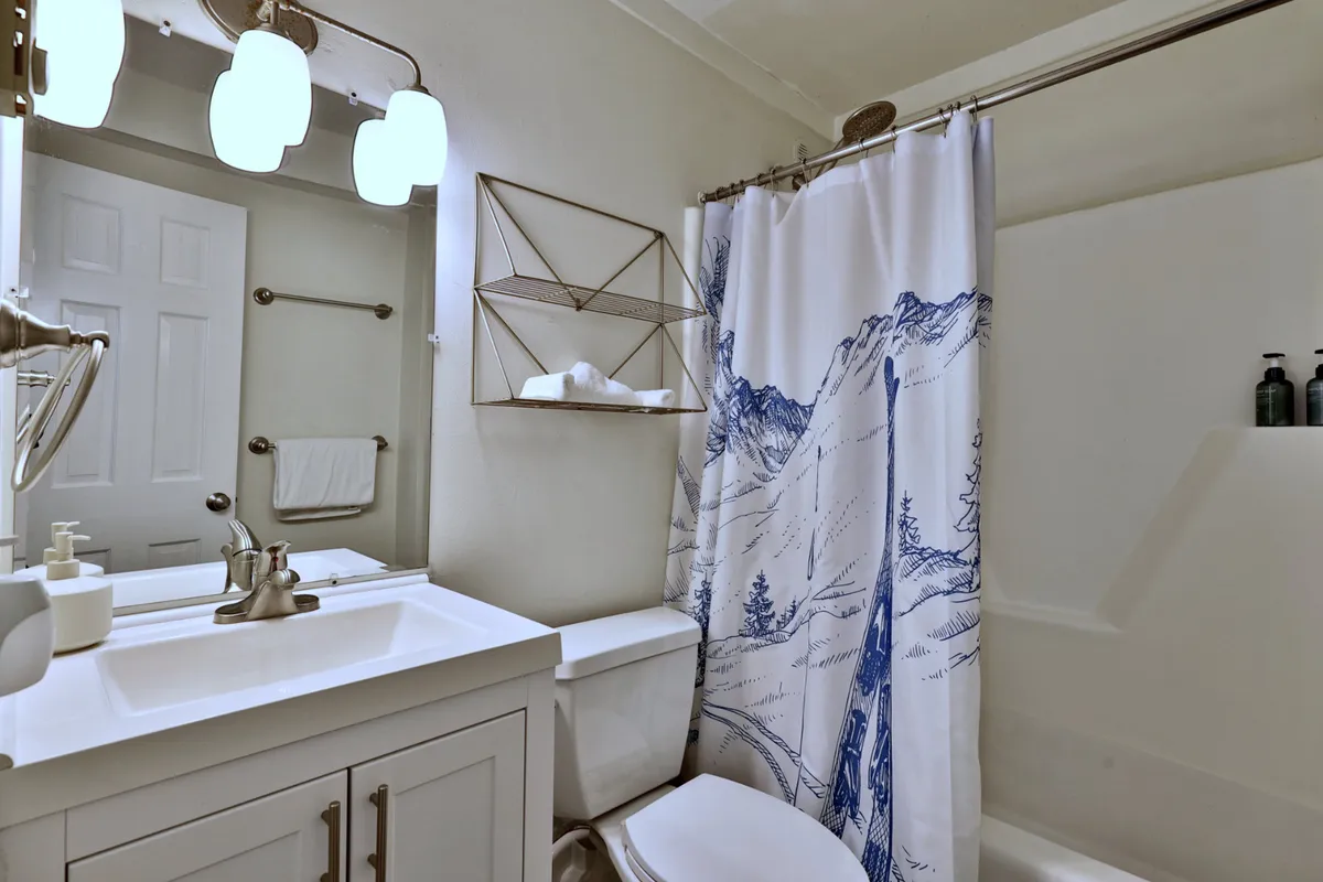 A modern bathroom featuring a vanity with sink, a shower curtain adorned with a mountain design, and a well-lit mirror above. The space feels fresh and organized, with shelving visible for keeping toiletries neat.